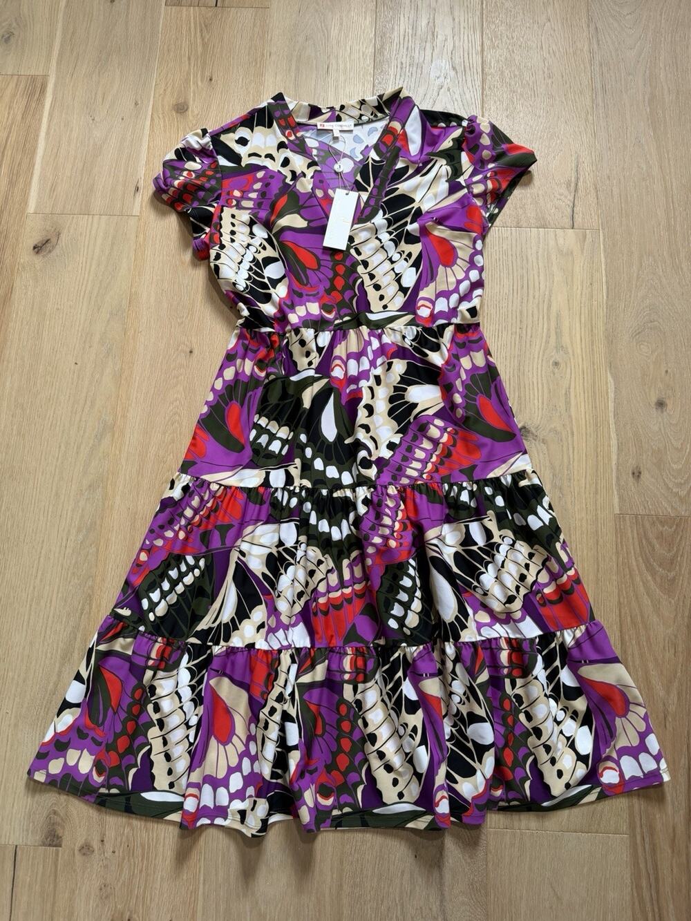 NWT Jude Connally Portia Tier Midi Dress Butterfly Mosaic L Flounce Hem Whimsi
